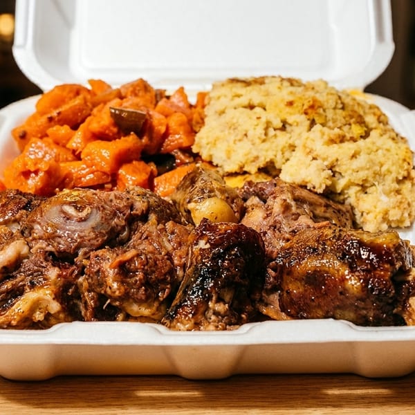 A takeout container filled with braised oxtails, candied yams, and cornbread dressing.
