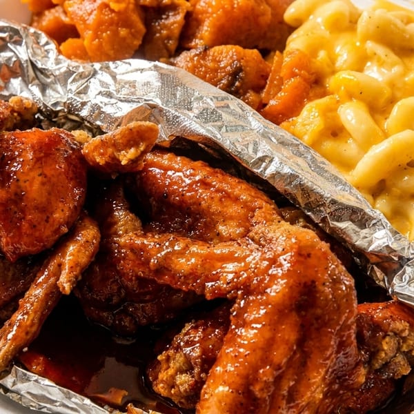 A takeout container with saucy chicken wings, sweet potatoes, and creamy macaroni and cheese.