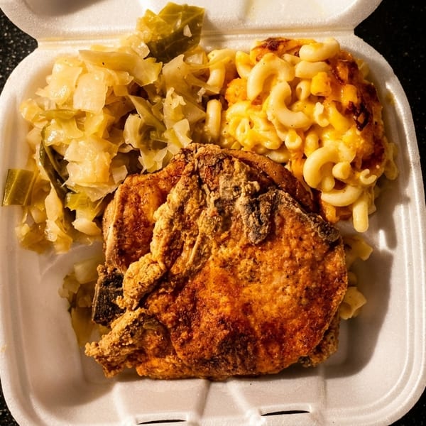 Fried pork chop, macaroni and cheese, and cabbage in a white takeout container.