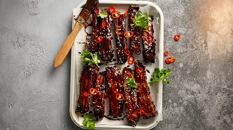 Glazed BBQ ribs with sesame seeds, chili, and cilantro on a white tray with a basting brush.