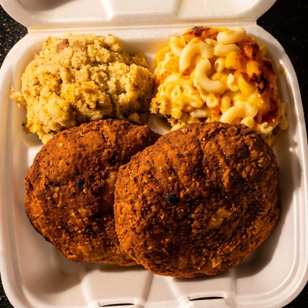 Takeout container with two fried patties, macaroni and cheese, and cornbread dressing.
