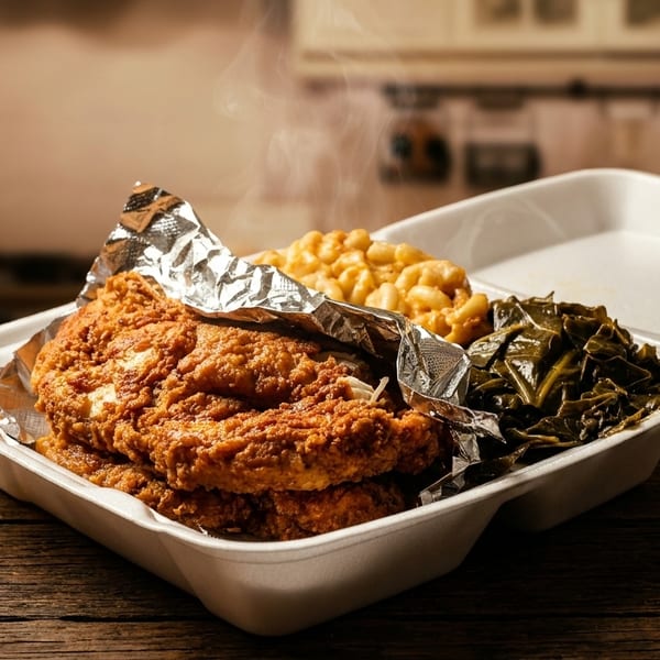 Steaming fried chicken, macaroni and cheese, and collard greens in a takeout container on a wooden table.