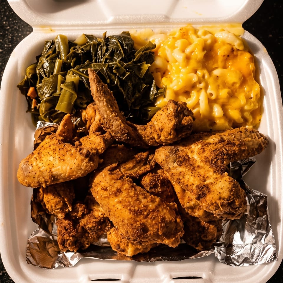 Fried chicken wings, collard greens, and macaroni and cheese in a white takeout container.