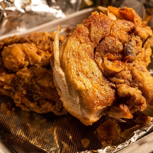 Crispy fried chicken pieces in a white takeout container lined with crinkled aluminum foil.