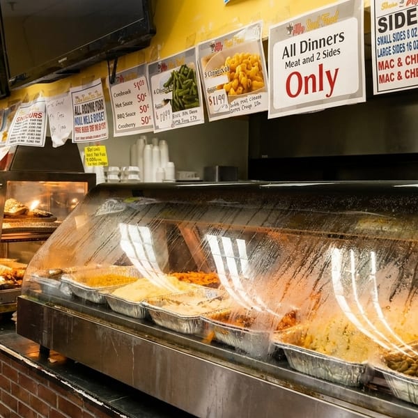 A hot food bar with various dishes in foil pans, menu signs, and two display cases.